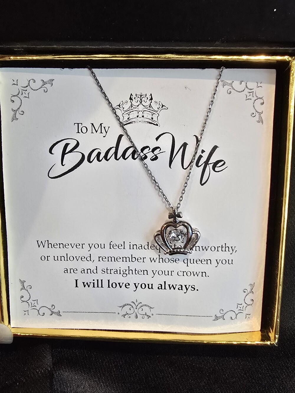 "Badass Wife" Silver Crown Heart Pendant Necklace with Clear Crystal